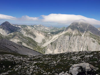 Scenic view of snowcapped mountains against sky