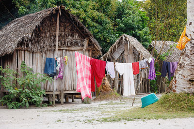 Clothes drying on clothesline by building