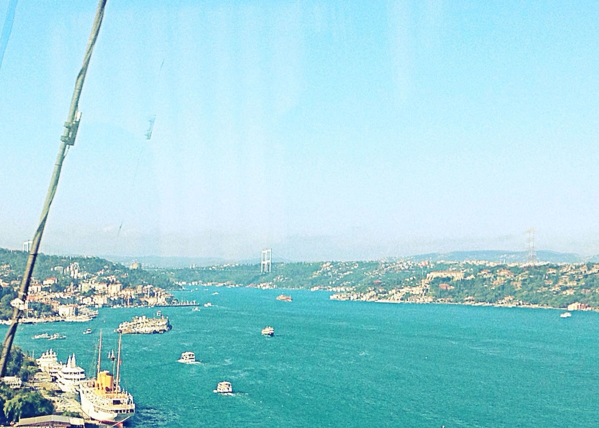 sea, water, clear sky, copy space, blue, nautical vessel, transportation, built structure, architecture, waterfront, high angle view, building exterior, sailboat, scenics, nature, horizon over water, city, tranquility, day, boat