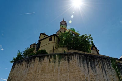 Low angle view of building against clear blue sky
