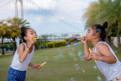 Cute siblings blowing bubbles at park