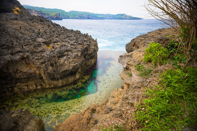 Scenic view of sea by cliff against sky