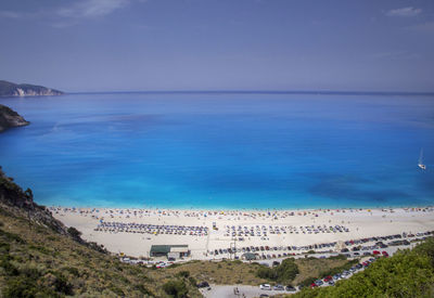 High angle view of beach against blue sky