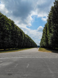 Empty road by trees against sky