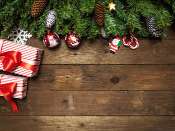 High angle view of christmas decorations on table