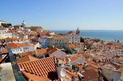 High angle view of town by sea against clear sky