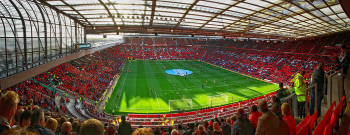 High angle view of people at stadium watching soccer