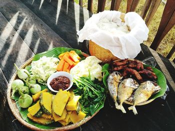 High angle view of food served on table