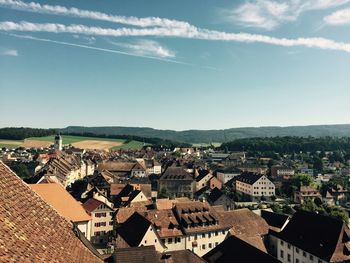 High angle view of town against sky