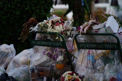 High angle view of garbage on chairs