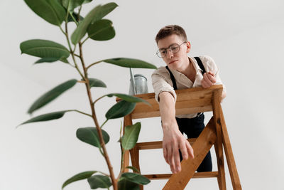 Man looking at plant while standing on ladder against white background