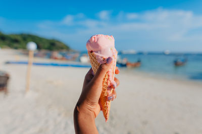 Cropped hand of woman holding seashell at beach