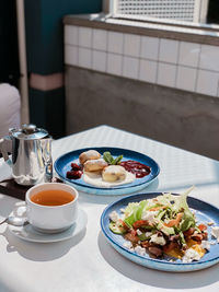 High angle view of breakfast served on table