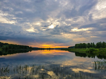 Scenic view of lake against sky at sunset