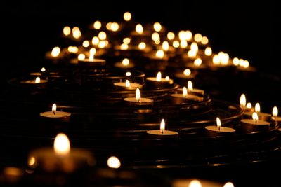 Close-up of lit candles in row