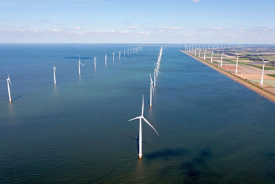 Aerial from wind turbines in the ijsselmeer in friesland in the netherlands