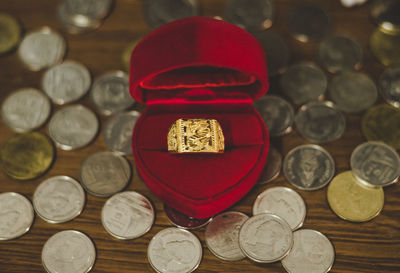 High angle view of coins on table