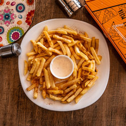 High angle view of food served on table