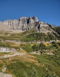 Scenic view of mountains against clear blue sky going to the sun