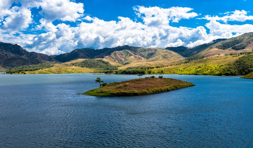 Scenic view of lake and mountains against sky