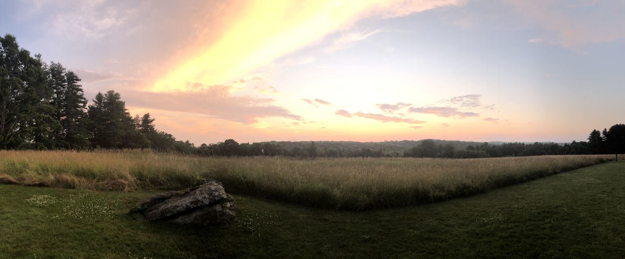 SCENIC VIEW OF FIELD AGAINST SKY AT SUNSET