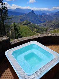 High angle view of swimming pool against sky