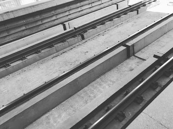 High angle view of train at railroad station platform