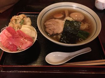 High angle view of served food