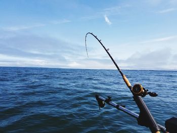 Fishing rod by sea against sky