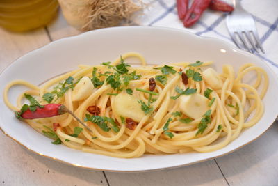 High angle view of noodles served in plate