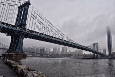 Bridge over river with city in background