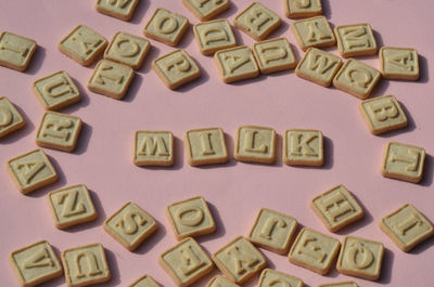 Shortbread sugar cookie letters of the alphabet spelling out the word m i l k