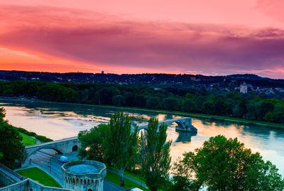 High angle view of river against orange sky