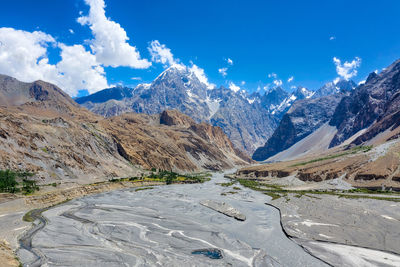 Scenic view of snowcapped mountains against blue sky