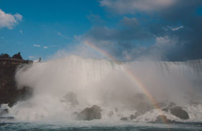 Scenic view of rainbow against waterfall