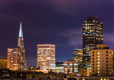 Skyscrapers lit up at night
