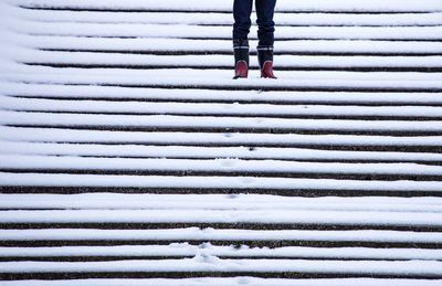 Low section of person on snow covered steps