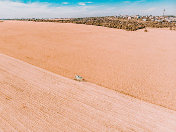 High angle view of field against sky