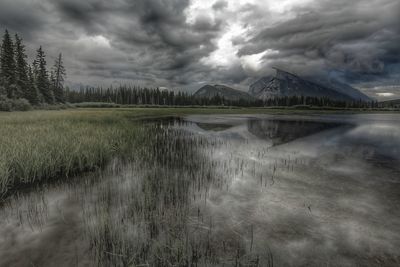 Scenic view of lake against cloudy sky