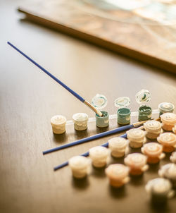 High angle view of bottles on table