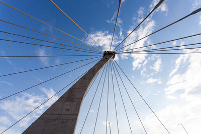 Low angle view of suspension bridge against cloudy sky