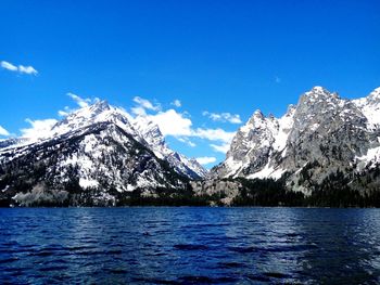 Scenic view of lake and snowcapped mountains against blue sky