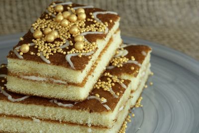 High angle view of cake in plate on table