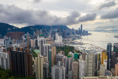 High angle view of buildings against sky in city