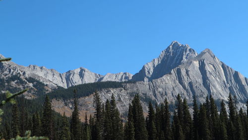 Panoramic view of mountain range against clear blue sky