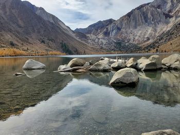 Scenic view of lake and mountains against sky