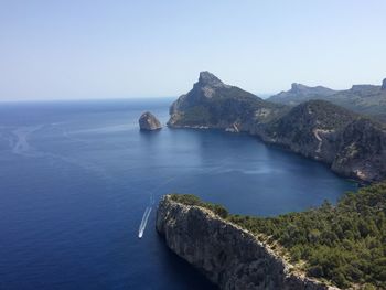 Idyllic shot of rocky cliffs in majorca against clear sky