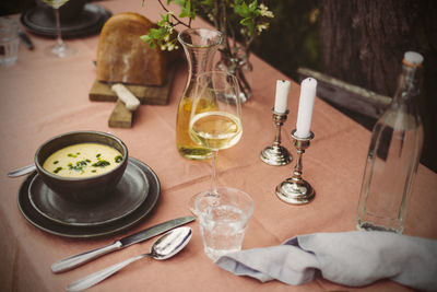 High angle view of wine glasses on table
