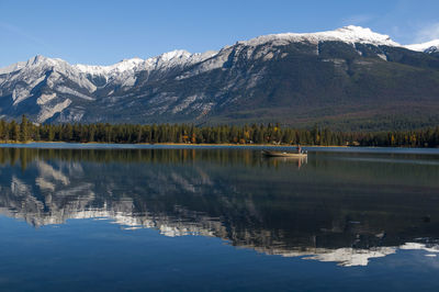 Scenic view of lake by snowcapped mountains against sky