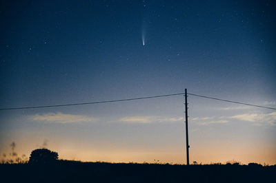 Silhouette electricity pylon on field against sky at sunset